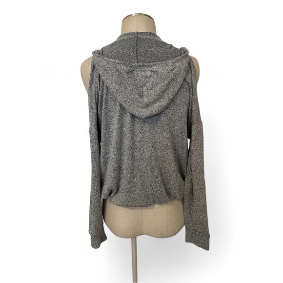 Heather Gray Hacci Off-the-Shoulder Sweater with Zip-Front & Kangaroo Pocket - Picture 3 of 10